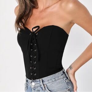 Lulus Captivating Energy Black Strapless Lace-up Corset Bodysuit - Size M